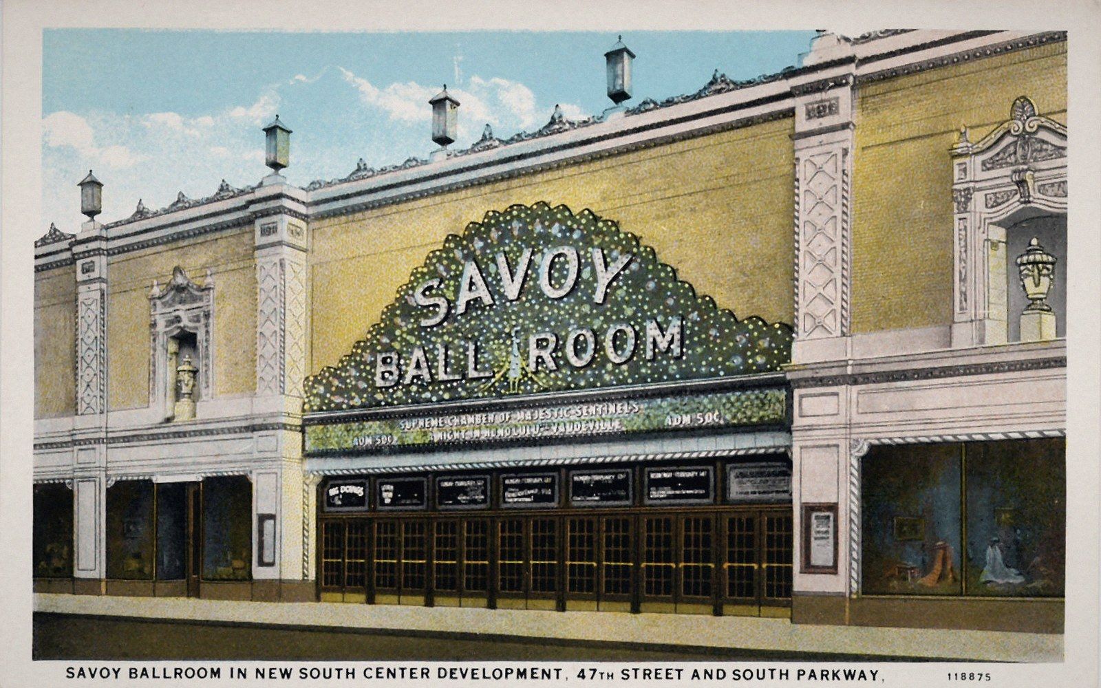 Vintage postcard illustration of the Savoy Ballroom's ornate marquee and storefront entrance