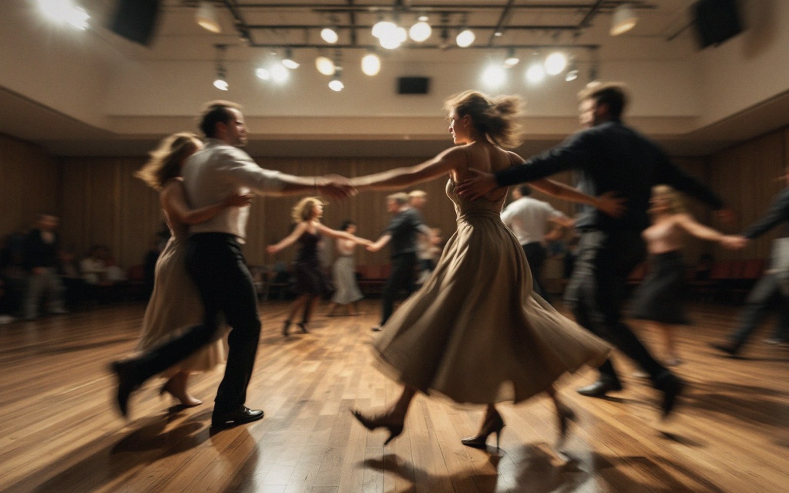 A crowded social dance floor mid-song, bodies in motion, sprung maple visible between dancers, adults only