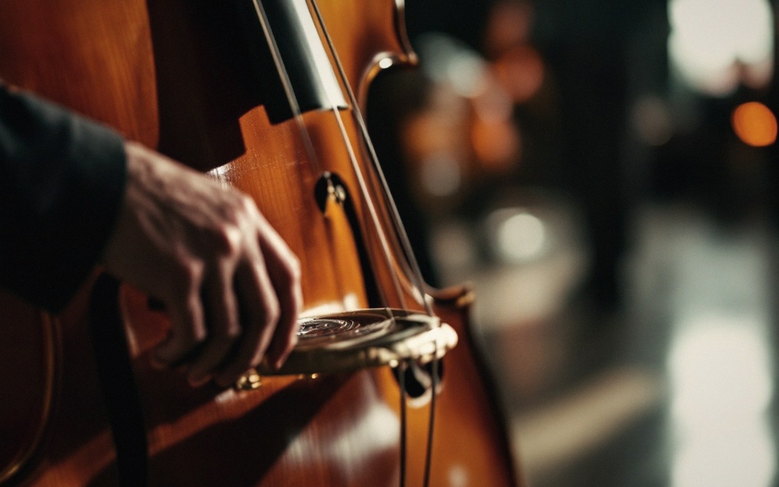 An upright bass and player's hands walking a line, close, hall light